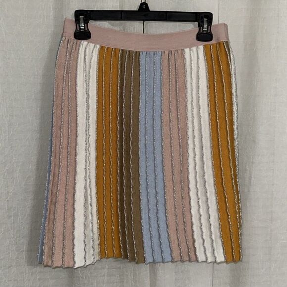 Anthro M Eva Franco Color Block Ribbed Metallic Stripes Knit Knee Length Skirt - Picture 5 of 12